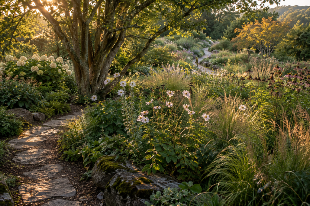 A curving garden path disappearing and reappearing among mature plants
