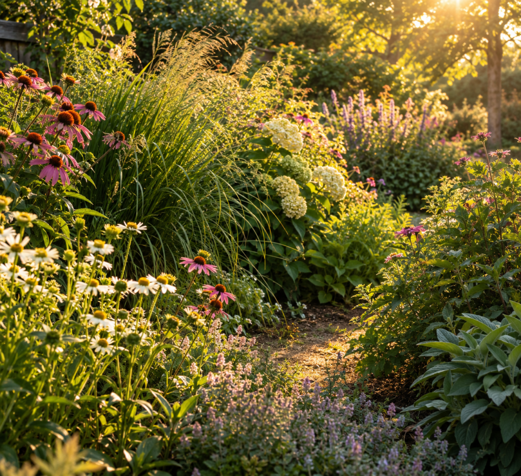 A dense pollinator garden with a narrow path in warm evening light