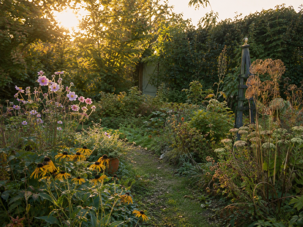 An untidy late-summer garden path with flowers and seed heads