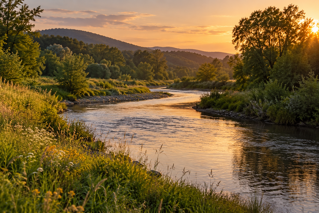 A river winding through a sunlit valley at the end of the day