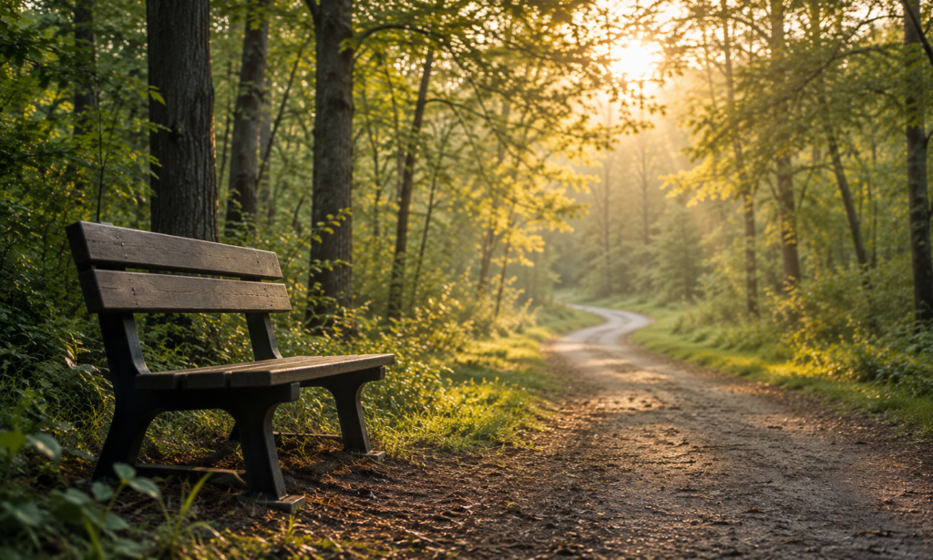 A sunlit path opening between trees and garden growth
