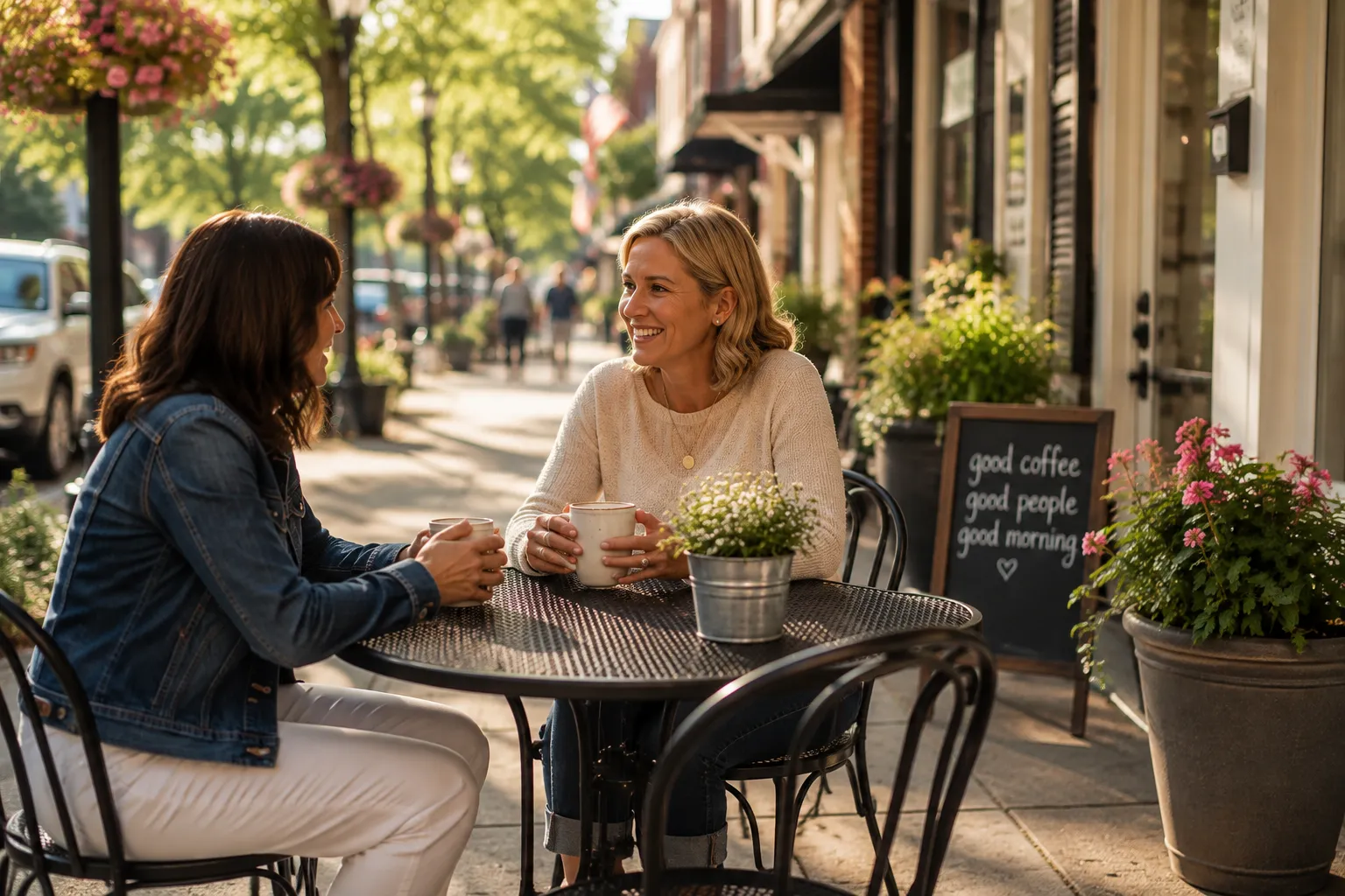 Two women sharing coffee at an outdoor cafe
